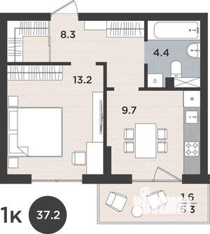 1-к квартира, вторичка, 37м2, 1/9 этаж