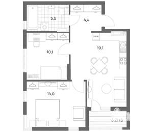 2-к квартира, вторичка, 55м2, 5/18 этаж