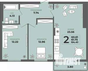 2-к квартира, строящийся дом, 62м2, 3/8 этаж