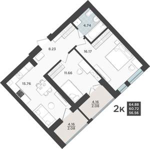 2-к квартира, строящийся дом, 61м2, 1/10 этаж
