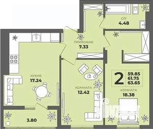 2-к квартира, строящийся дом, 62м2, 2/8 этаж