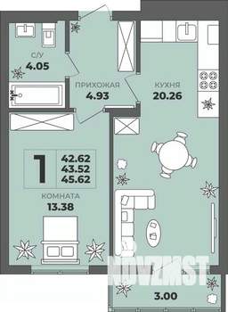 1-к квартира, строящийся дом, 44м2, 7/8 этаж