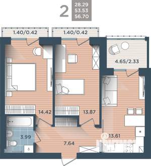 2-к квартира, вторичка, 57м2, 4/4 этаж