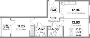 2-к квартира, строящийся дом, 54м2, 4/10 этаж