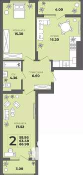 2-к квартира, строящийся дом, 63м2, 2/8 этаж