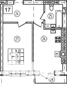 1-к квартира, строящийся дом, 39м2, 3/9 этаж