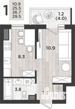 1-к квартира, вторичка, 27м2, 8/12 этаж