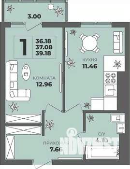 1-к квартира, строящийся дом, 37м2, 7/8 этаж