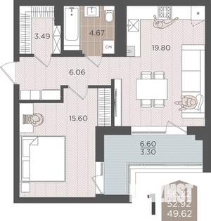 1-к квартира, строящийся дом, 53м2, 9/9 этаж