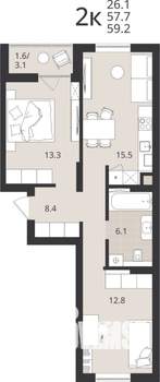 2-к квартира, вторичка, 58м2, 2/9 этаж