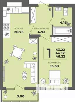 1-к квартира, строящийся дом, 44м2, 1/8 этаж