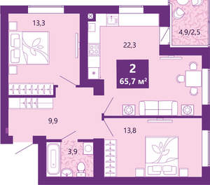 2-к квартира, сданный дом, 66м2, 4/4 этаж