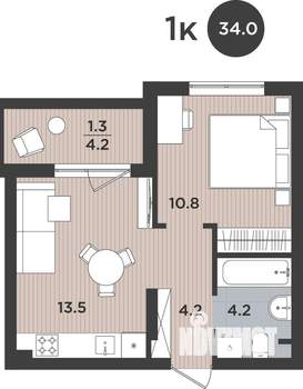 1-к квартира, вторичка, 34м2, 1/9 этаж