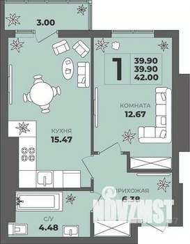 1-к квартира, строящийся дом, 40м2, 7/8 этаж