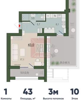 1-к квартира, вторичка, 43м2, 10/10 этаж