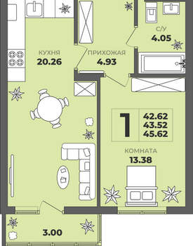 1-к квартира, вторичка, 44м2, 8/8 этаж