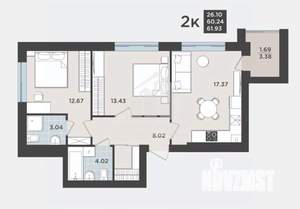 2-к квартира, вторичка, 62м2, 8/9 этаж