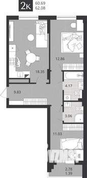 2-к квартира, сданный дом, 61м2, 1/4 этаж