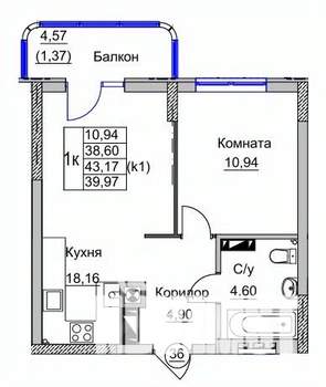1-к квартира, вторичка, 40м2, 5/9 этаж