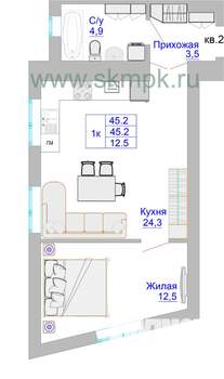 1-к квартира, вторичка, 45м2, 1/8 этаж