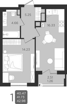 1-к квартира, строящийся дом, 42м2, 1/9 этаж