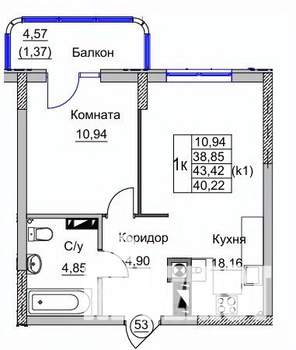 1-к квартира, вторичка, 40м2, 7/9 этаж