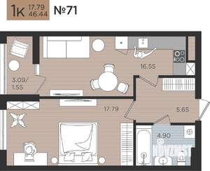 1-к квартира, вторичка, 46м2, 4/10 этаж