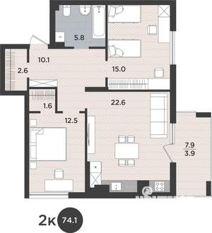 2-к квартира, вторичка, 74м2, 2/9 этаж