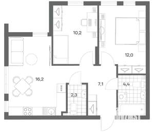 2-к квартира, строящийся дом, 52м2, 2/18 этаж