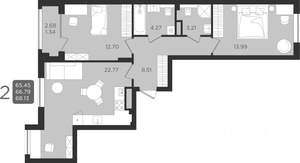 2-к квартира, строящийся дом, 67м2, 5/9 этаж