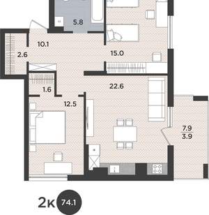 2-к квартира, вторичка, 74м2, 2/9 этаж