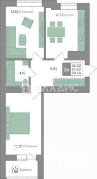 2-к квартира, вторичка, 58м2, 1/9 этаж