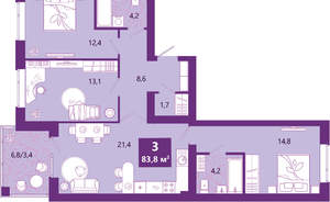 3-к квартира, сданный дом, 85м2, 4/4 этаж