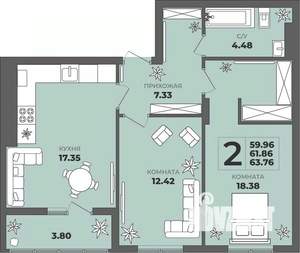 2-к квартира, строящийся дом, 62м2, 5/8 этаж