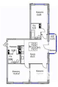 3-к квартира, вторичка, 80м2, 4/9 этаж