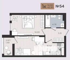 1-к квартира, строящийся дом, 42м2, 2/10 этаж