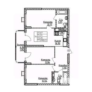 3-к квартира, строящийся дом, 73м2, 9/9 этаж