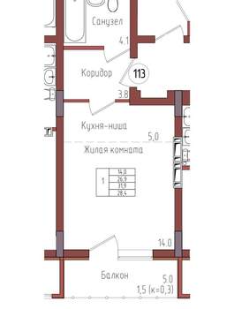 Студия квартира, вторичка, 28м2, 6/9 этаж