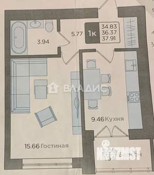 1-к квартира, вторичка, 36м2, 3/9 этаж