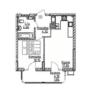 1-к квартира, строящийся дом, 39м2, 4/9 этаж