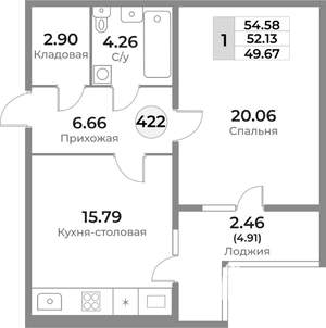 1-к квартира, вторичка, 52м2, 3/10 этаж