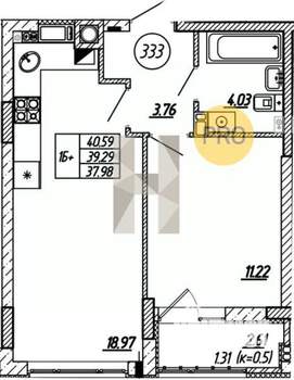 1-к квартира, вторичка, 39м2, 9/9 этаж