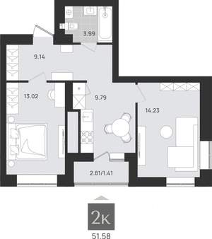 2-к квартира, вторичка, 52м2, 1/9 этаж