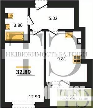 1-к квартира, вторичка, 33м2, 6/9 этаж
