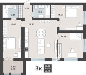 3-к квартира, строящийся дом, 90м2, 1/10 этаж