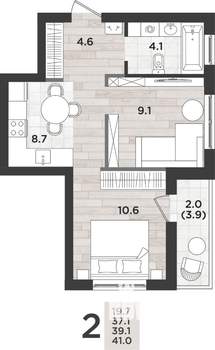 2-к квартира, вторичка, 39м2, 1/14 этаж