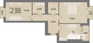 2-к квартира, вторичка, 62м2, 9/9 этаж
