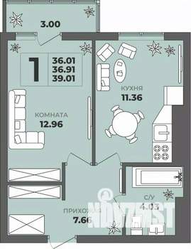 1-к квартира, строящийся дом, 37м2, 8/8 этаж
