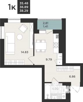 1-к квартира, вторичка, 38м2, 5/9 этаж