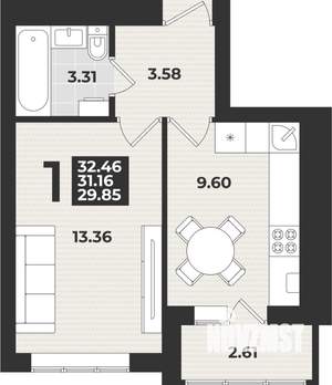 1-к квартира, вторичка, 32м2, 4/9 этаж